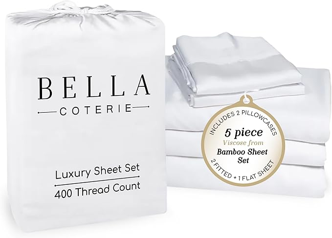 Bella Coterie Luxury Bamboo Viscose Split King Size Sheet Set | 2 Fitted Sheets for Sleep Number & Adjustable Beds | 100% Organically Grown | Cooling & Ultra Soft | 18” Deep Pocket [White]