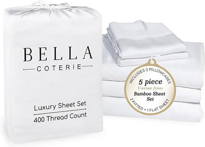 Bella Coterie Luxury Bamboo Viscose Split King Size Sheet Set | 2 Fitted Sheets for Sleep Number & Adjustable Beds | 100% Organically Grown | Cooling & Ultra Soft | 18” Deep Pocket [White]