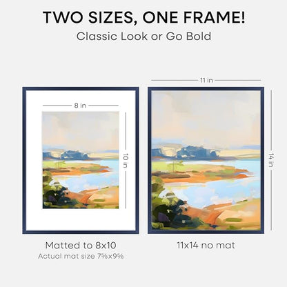 Homeforia 11x14 Picture Frame Navy Blue, High End Metal 11x14 Wall Hanging Frame with Mat 8x10, 11 x 14 Poster Frame Matted to 8 x 10 inch Photo, 11by14 Thin Frames, Tempered Glass, Wall Kit, Set of 1