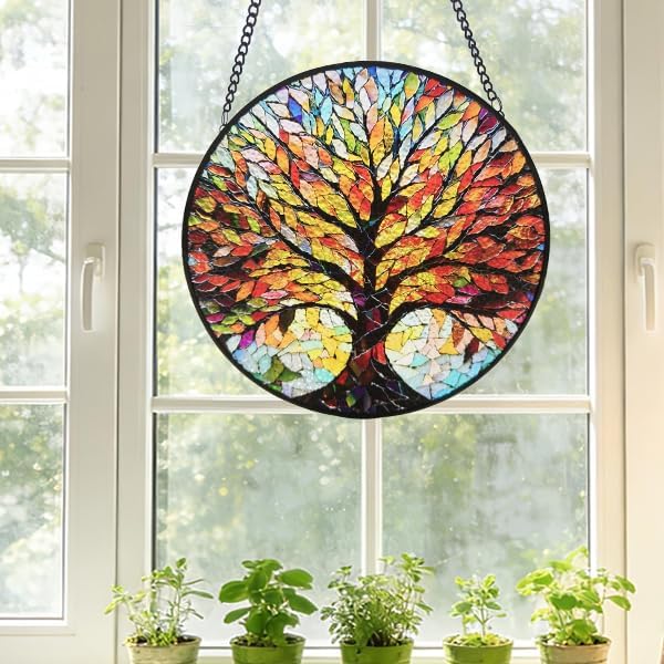 Stained Glass Window Hanging, Tree of Life Sun Catcher, Sun Catchers Indoor Window, Colorful Glass Panel,Suncatcher Room Decor,Gifts for Grandma Mom Wife,Aunt Birthday Gifts for Women 7.8in
