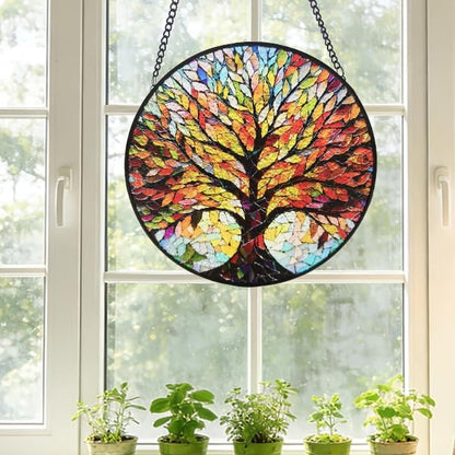 Stained Glass Window Hanging, Tree of Life Sun Catcher, Sun Catchers Indoor Window, Colorful Glass Panel,Suncatcher Room Decor,Gifts for Grandma Mom Wife,Aunt Birthday Gifts for Women 7.8in
