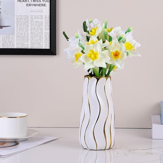 11.5" White Ceramic Vase - Minimalist White and Gold Flower Vase, Large Pampas Grass Vase, Boho Decorative Centerpiece Vase for Home Decor, Table, Shelf, Mantel, and Entryway
