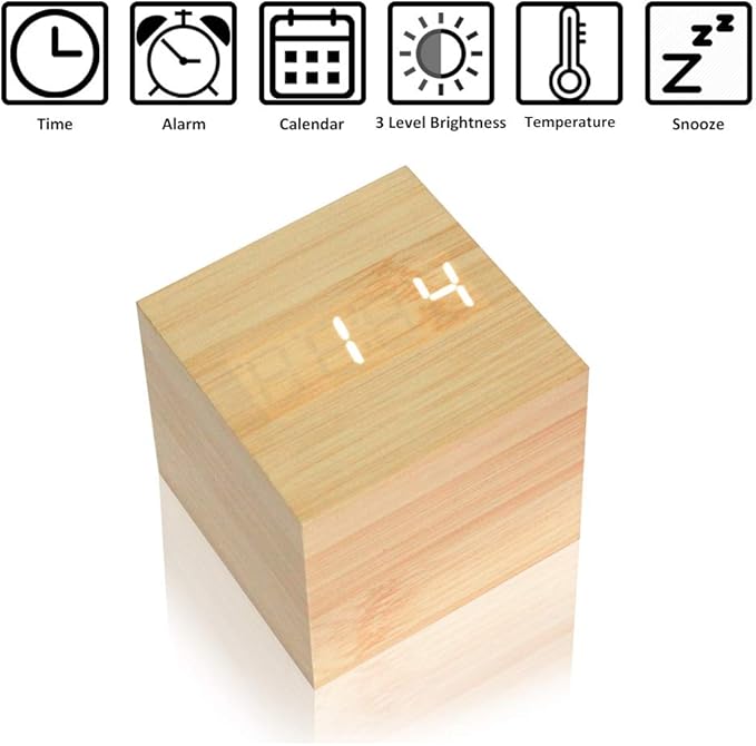Lancoon Wooden Alarm Clock - Mini Cube LED Digital Clock with Time/Date/Temperature Display, 3 Levels Brightness and Voice Control Great for Home Office Travel - AC10Yellow_White