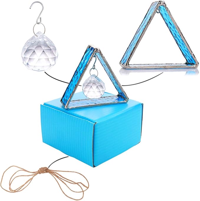 H&D HYALINE & DORA Stained Glass Window Sun Catcher Hangings Pyramid Colored Glass Hanging Ornament for Wall, Window，Car and Party Decoration,Blue