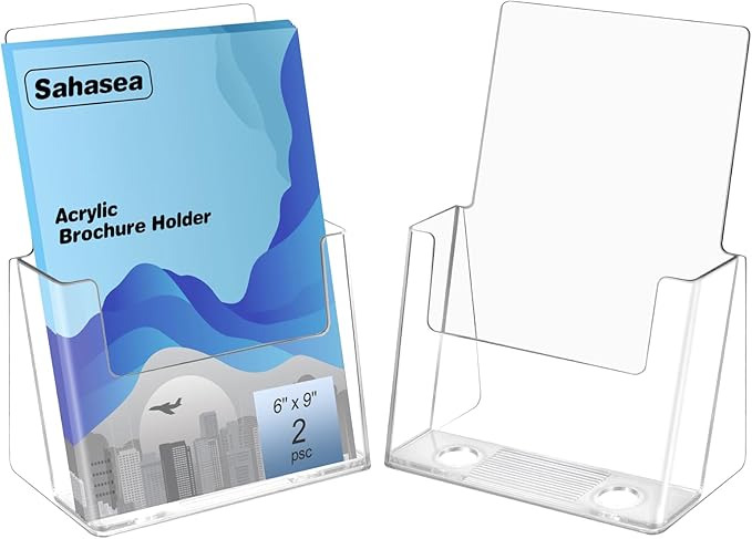 Brochure Holder 6 x 9, 2 Pack Flyer Holder for Real Estate, Acrylic Sign Holder, Clear Brochure Display Stand for Store Office, Magazine Holder for Pamphlet Literature Document Menu