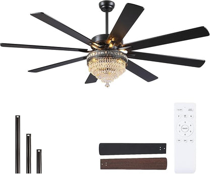 Asyko Crystal Ceiling Fan Fandelier with Lights - Modern Outdoor Fans with Remote Control,Noiseless DC Motor, Retro/Farmhouse Lighting, Dining Room,Living Room (72"