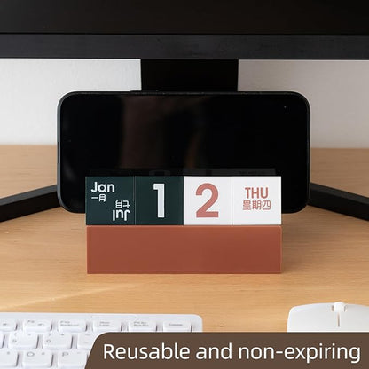Block Calendar for Desk, Daily Desktop Perpetual Desk Calendar, Cute Date Display Blocks Desk Accessory for Home Office Decor, Teacher, Classroom, Reusable Yearly (Red, With phone holder)