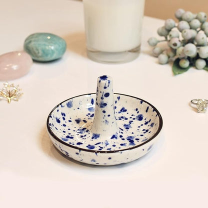 Wedding Ring Holder - Ceramic Ring Stand With Jewelry Plate, Blue Dots Jewelry Holder for Rings, Earrings, Necklace Organizer - Gift for Mom, Bridesmaid, Engagement