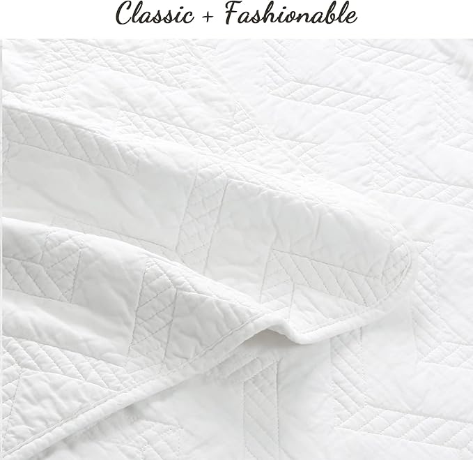 Cozy Line Home Fashions 100% Cotton Geometric Modern Zig Zag Stitch Solid White Quilt Bedding Set, Coverlet, Bedspread Lightweight for All Season (Chevron - White, Twin - 2 Piece)