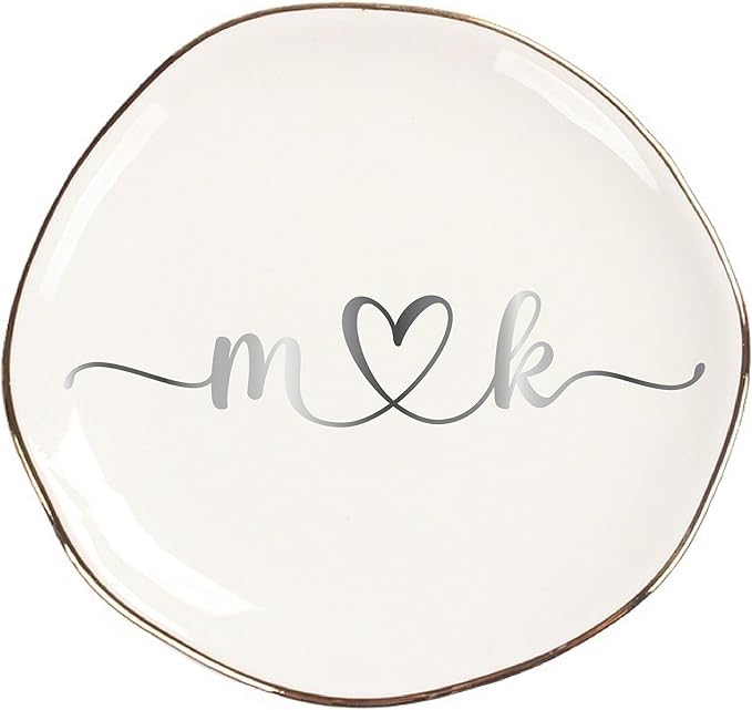 Personalized Ceramic Gold Trim Jewelry Tray Bridesmaid Wedding Engagement Gifts Jewelry Dish Decorative Trinket Custom Ring Dish With Name Couple Initials (Style B)