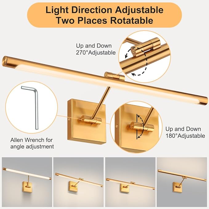 LED Picture Lights for Paintings, 24.4inch 3000K Adjustable Art Light Gallery LED Wall Light Wall Sconces for Art Work, Dimmable Hardwired Connection 14W CRI90+ Brass Golden-Like Finish, ETL
