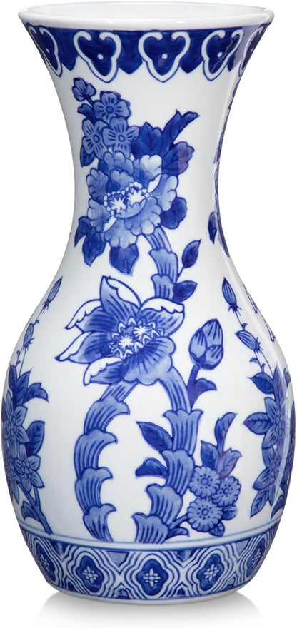 Blue and White Ceramic Vase, 11 Inch Tall Flower Vase in Floral Pattern, Large Retro Chinoiserie Vase Decor Side Table Centerpiece Living Room Bookshelf, Antique Grand Millennial Decor