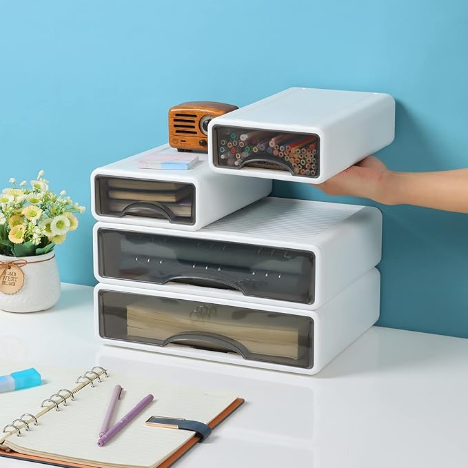 White Desktop Drawers for Paper, Stackable Office Storage Drawers for Desk, Craft Organizer and Storage Bins, 4 Mixed Storage Container with Plastic Drawers for Office Supplies Desk accessories