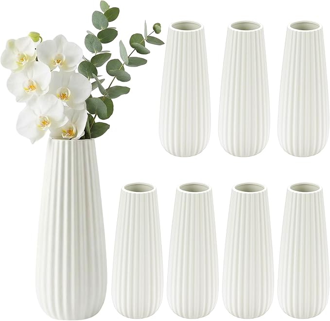 Qinyoung White Ceramic Bud Vase Set of 8, 8'' Small White Flower Vase for Centerpieces Floral Decor for Wedding Party Dining Table Home Decoration(Minimalist)