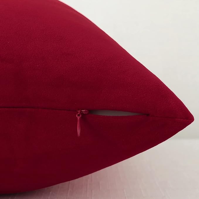 mixeoo Comfy Christmas Red Throw Pillow Covers Decorative Square Solid Thick Velvet Super Soft Cushion Cases Home Decor for Sofa Couch Living Room Chair, Set of 2, 18 x 18 Inch
