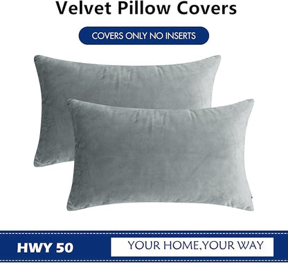 HWY 50 Gray Grey Velvet Rectangular Throw Pillow Covers 12x20 Inch, Pack of 2 Soft Cozy Solid Decorative Luxury Cushion Cases for Couch Sofa Bed Living Room Bedroom