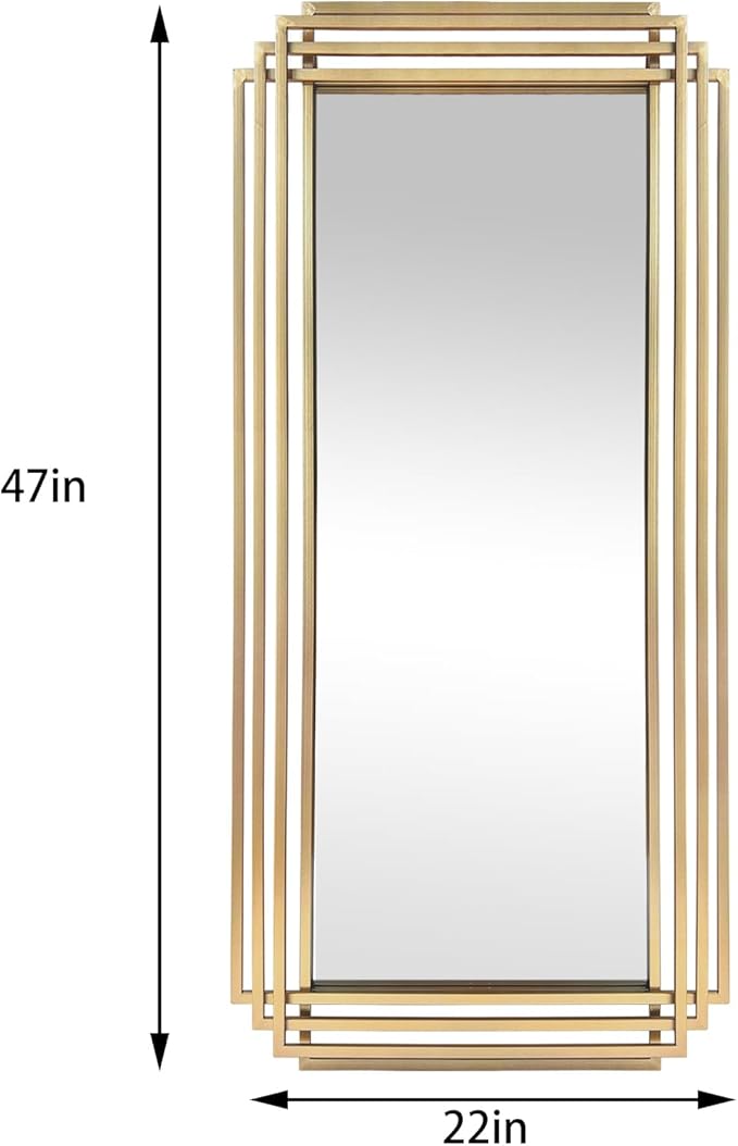 Gold Rectangle Mirror, 47"x22" Geometric Art Deco Mirror with Metal Frame, Modern Elegant Wall Mirrors for Living Room Bathroom Bedroom Entryway Hallway, Hangs Vertically or Horizontally