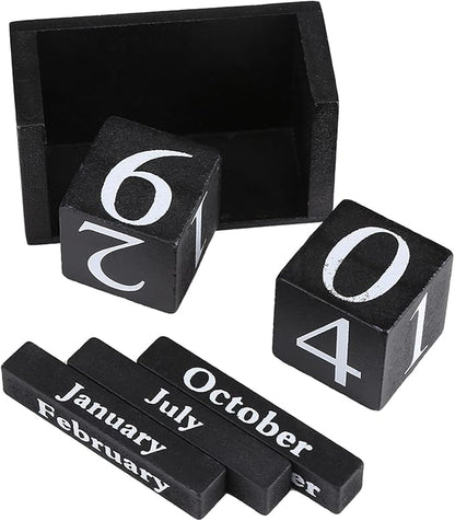 Perpetual Wooden Block Calendar, Desktop Vintage Style Mini Month Date Time Display, Home Office Decoration with 2pcs Dices, Blue, Black Wood with 12 Month Blocks (Black)