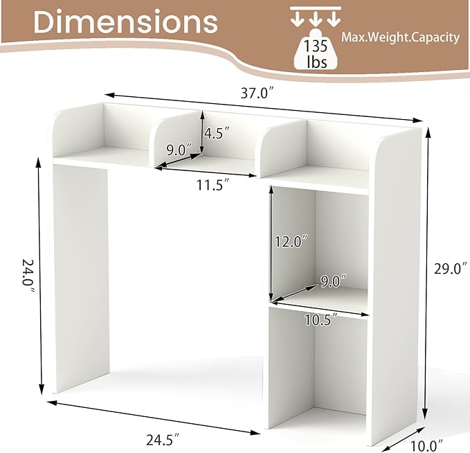 Desktop Bookshelf, 3-Tier Wood Countertop Bookcase with 5 Shelves, Desk Hutch for College Dorm, Multipurpose Desk Organizer Shelf Display Rack for Home Office, Hutch Top Only