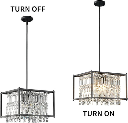 LMQNINE Modern Foyer Chandelier, Black Crystal Chandelier Entryway Pendant Light Fixture, Square Adjustable Height Chandeliers for Kitchen Island, L15.74'' x H9.84''