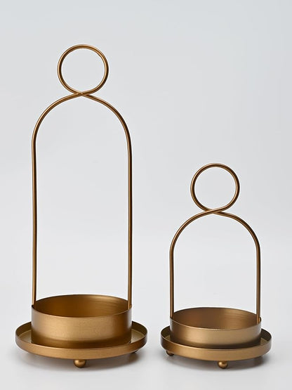 Metal Candle Holder with Handmade Glass Dome in Brass, 5" & 4" Wide Versatile Hurricane Glass Candle Holders Set of 2, for Pillar Candles & Plants (Brass)