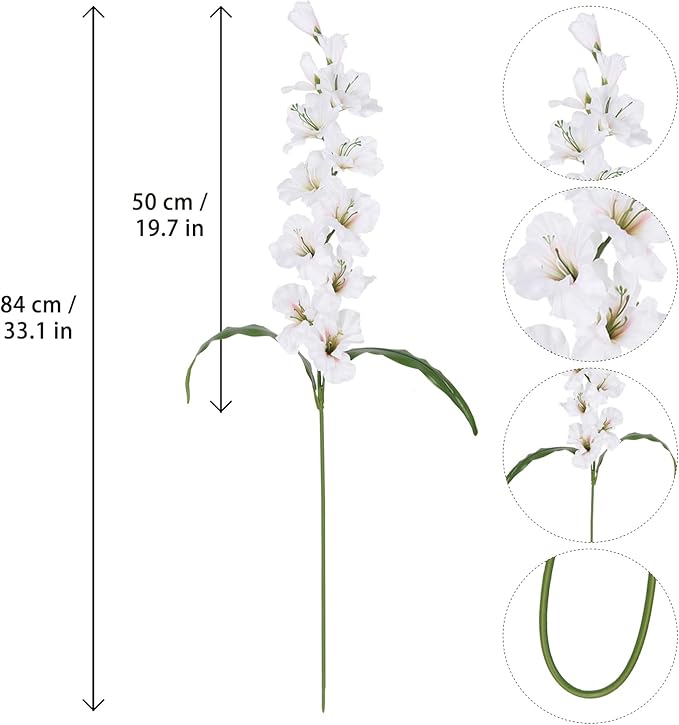 IPOPU 5PCS White Silk Gladiolus Long Stem Artificial Flowers, 33" Height, Classic Elegant Realistic Style for Tall Vase Wedding Centerpieces Home Table Party Decor