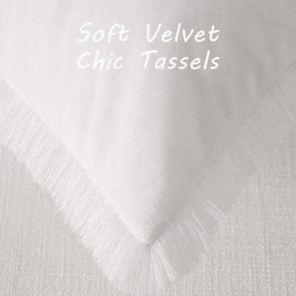 FUTEI Cream White Velvet Decorative Throw Pillow Covers 18x18 Set of 2,Soft Cozy Edge with Tassels Cushion Case,Boho Modern Home Decor for Couch Bed Living Room