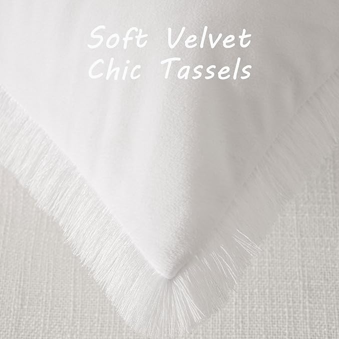 FUTEI Cream White Velvet Decorative Throw Pillow Covers 26x26 Set of 2,Soft Cozy Edge with Tassels Euro Pillow Shams,Boho Modern Home Decor for Couch Bed Living Room