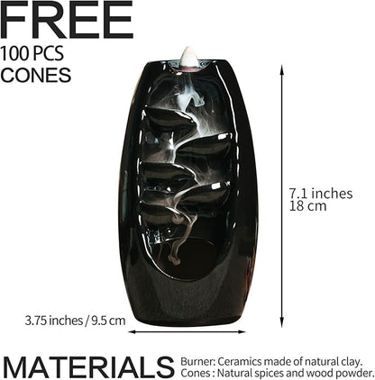 INONE Ceramic Incense Burner with 120 Cones, Waterfall Backflow Incense Holder, Aromatherapy Ornament, Zen Decor, Home Decor, Room Decor (Black)