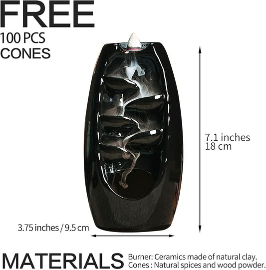 INONE Ceramic Incense Burner with 120 Cones, Waterfall Backflow Incense Holder, Aromatherapy Ornament, Zen Decor, Home Decor, Room Decor (Black)