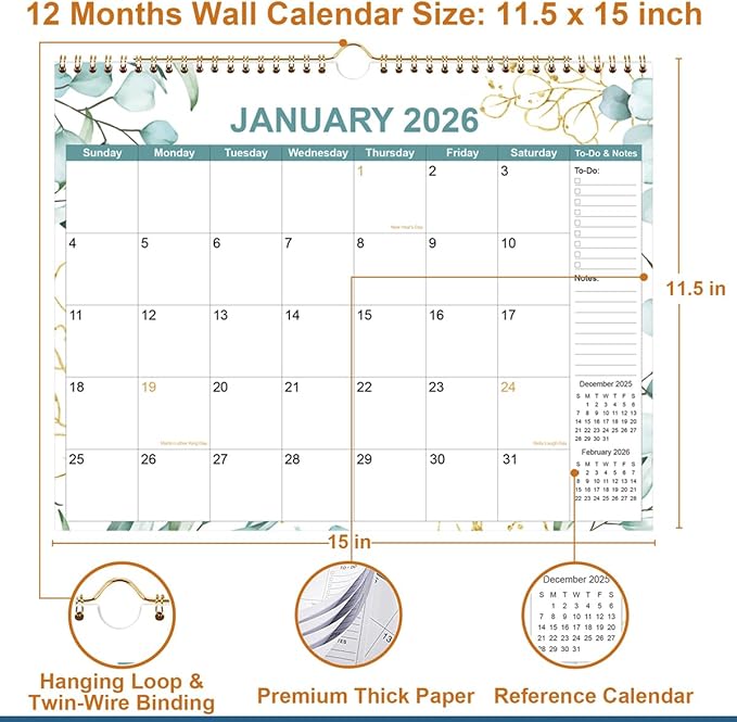 2026 Calendar - Calendar 2026 from January 2026 - December 2026, 12 Months Calendar with Premium Paper, Twin-Wire Binding & Hanging Hook, 12" x 14.5", Green Leaf