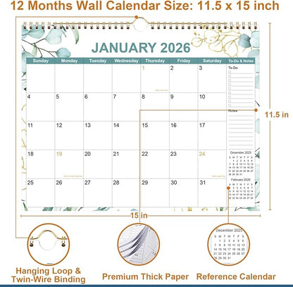 2026 Calendar - Calendar 2026 from January 2026 - December 2026, 12 Months Calendar with Premium Paper, Twin-Wire Binding & Hanging Hook, 12" x 14.5", Green Leaf