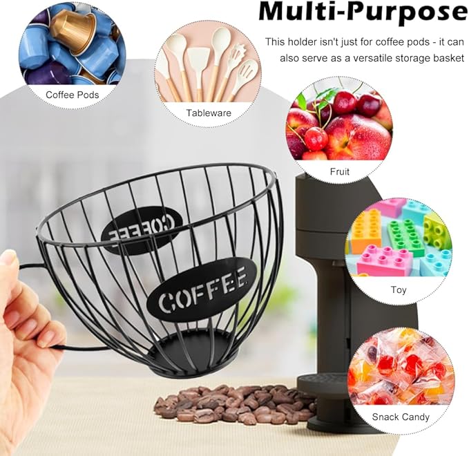 Coffee Pod Holder Large Capacity K Cup Holder for Counter,Coffee Filter Holder Black Wire Coffees Storage Basket for Kitchen Countertop,Coffees Bar,Coffe-e Station Organizer