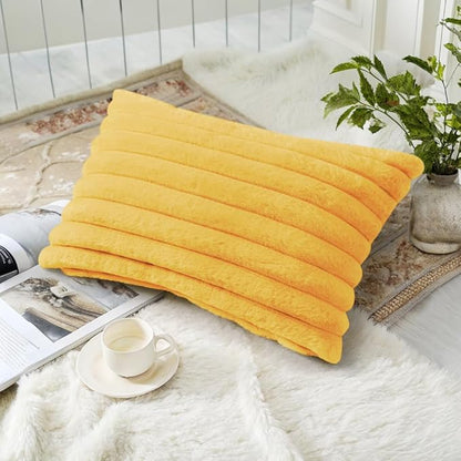 decorUhome Faux Fur Spring Throw Pillow Covers 12x20 Set of 2, Decorative Soft Plush Striped Lumbar Neutral Couch Pillow Covers with Velvet Back for Sofa, Bed, Living Room Home, Mustard Yellow