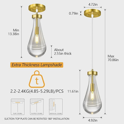 Raindrop Pendant Lights Kitchen Island Teardrop Gold Hanging Light Fixtures Clear Solid Glass Pendant Light Modern Chandeliers for Dining Room Porch Corridor Living Room…