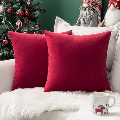MIULEE Pack of 2 Christmas Velvet Pillow Covers Decorative Square Pillowcase Soft Solid Cushion Case Home Decor for Couch Sofa Bedroom Car 16x16 Inch Red