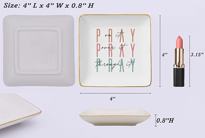 NZY Inspirational Christian Scripture Religious Bible Verse Reminder Gift for Women,Affirmation Positive Birthday Christmas Gift-Encouragement Jewelry Tray Trinket Holder Ring Dish-Pray on It