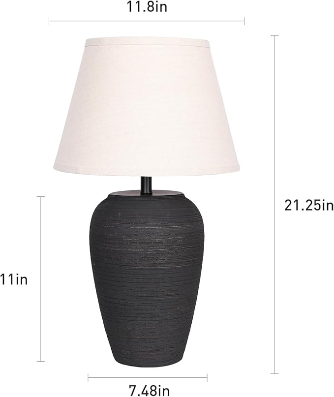 Ceramic Pot Table Lamp 21.25 inch Tall Striped Nightstand Lamp, Tapered Fabric Shade Bedside, Ceramic Decorative for Living Room Bedroom House Office Entryway, TL2