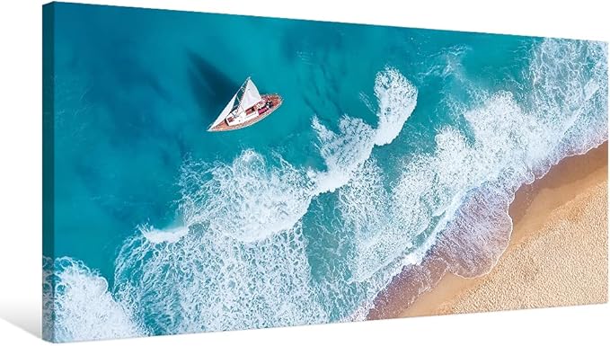 Goldfoilart Blue Ocean Sea Beach Canvas Wall Art Sailboat Painting Print on Canvas Seascape Pictures for Home Decor Living Room Bedroom Office Artwork Ready to Hang - 20"x40"
