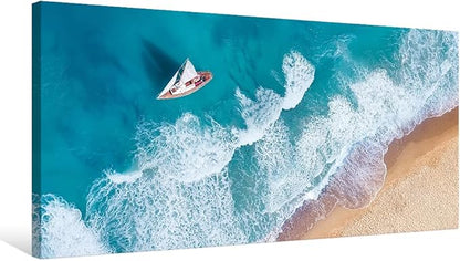 Goldfoilart Blue Ocean Sea Beach Canvas Wall Art Sailboat Painting Print on Canvas Seascape Pictures for Home Decor Living Room Bedroom Office Artwork Ready to Hang - 20"x40"