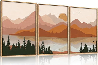 HLNIUC Burnt Orange Wall Decor, Boho Mountain 16x24 Wall Art Framed Large, Southwest Terracotta Nature Art Canvas Painting, Mid Century Modern Rustic Sunset Prints for Living Room, Bedroom, Office