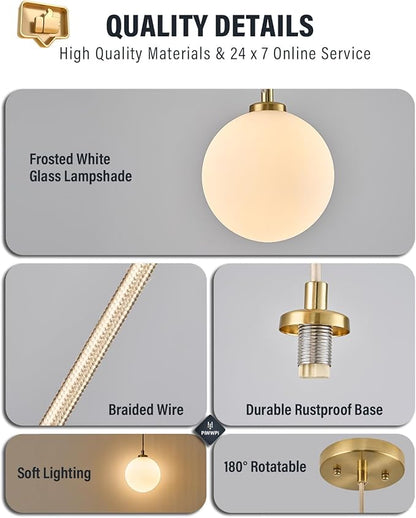 Mid Century Modern Chandelier, 1- Light Globe Glass Ceiling Hanging Chandelier, Glod Pendant Light, White Spherical Blackout Bedside Lamp for Bedroom, Kitchen Island, Dining Room, Living Room