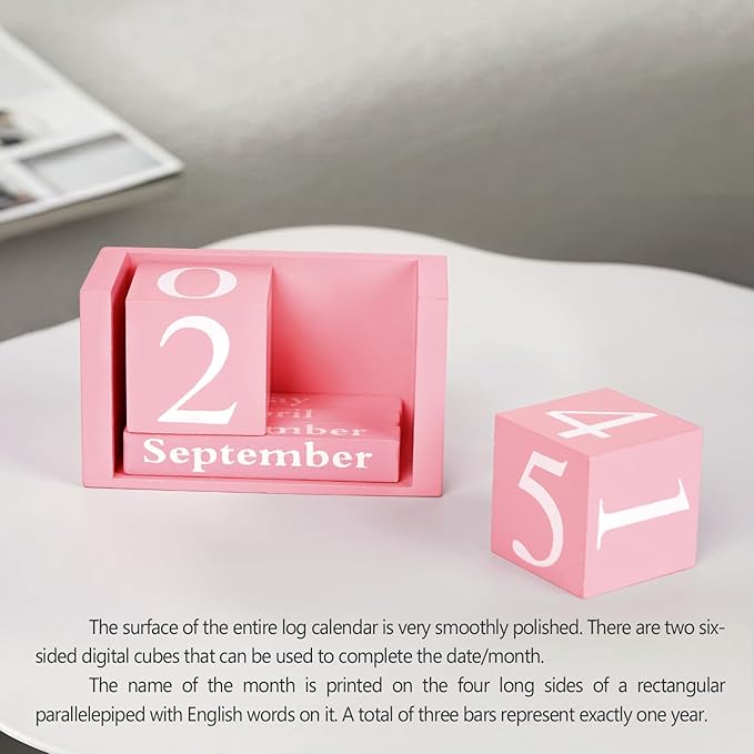 Perpetual Desk Calendar - Wooden Block Calendar for Desk, Reusable Date Display Blocks for Office & Home Decor, Teacher Classroom Accessory (Pink)