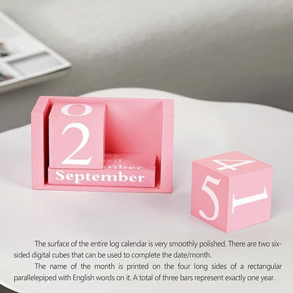Perpetual Desk Calendar - Wooden Block Calendar for Desk, Reusable Date Display Blocks for Office & Home Decor, Teacher Classroom Accessory (Pink)