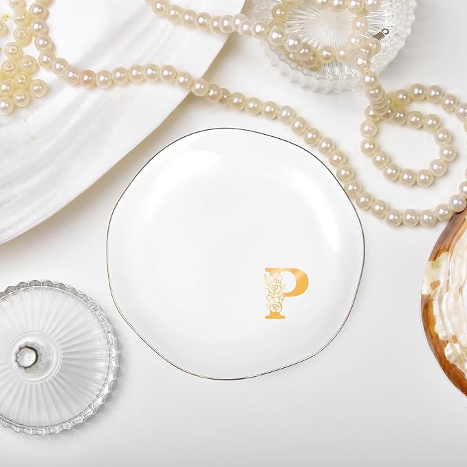 Initials Ring Dish Jewery Tray with Personalized P Monogrammed, Decorative Trinket Dish for Rings Earrings Necklaces Bracelet Watch Keys, Women Wife Friend Birthday Wedding Christmas Gifts