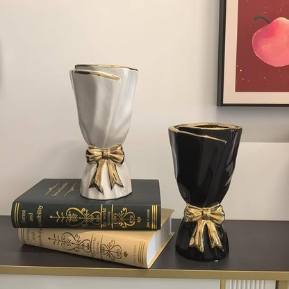 Black and Gold Bow Ceramic Vase - Flower Vases for Home Decor, Bow Decor, Boho Style, 9.65 Inch Flower Vases for Bouquet, Large Vase for Ideal Shelf Decor/Table (Black and Gold, Large)