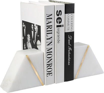 Natural Marble Bookends for Shelves, Decorative Book Ends for Heavy Books, Heavy Duty Mid Century Modern White and Gold Stone Book Holders with Brass Inlay, Unique Bookshelf Stopper Decor, Set of 2