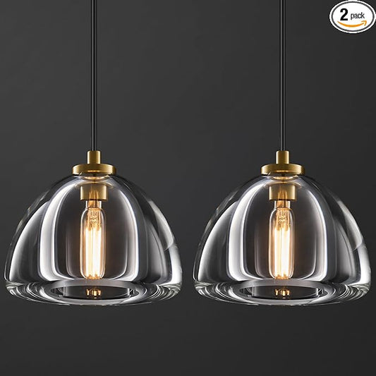 Crystal Pendant Light Kitchen Island: 2 Pack Luxury Brass Hanging Lights - 7" Dimmable Modern Crystals Lighting Fixture over Dining Table - Adjustable Gold Pendants Light for Bathroom Bulbs Included