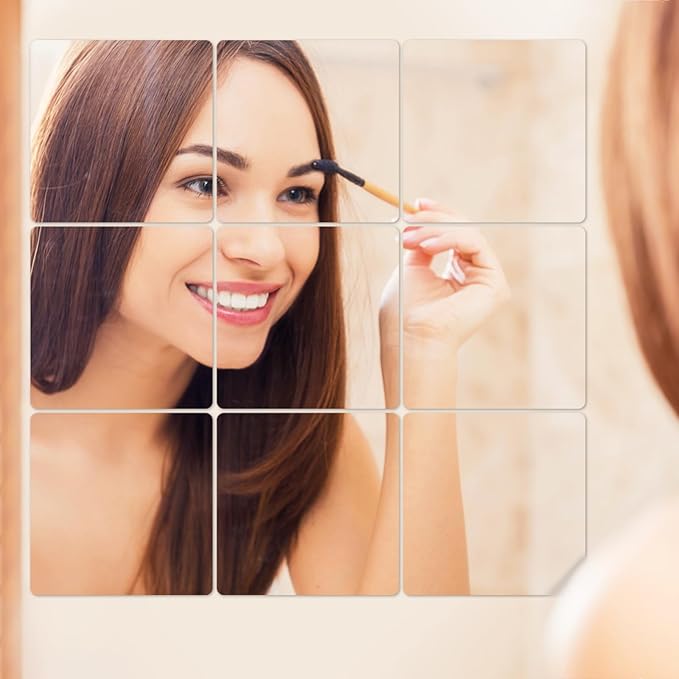 Abyssaly 4 Pack Acrylic Mirror Tiles, Stick on Mirrors for Wall, Flexible Plastic Mirror Sheets Wall Stickers Small Espejos for Bedroom Home Gym Door, 7.87" x 7.87"