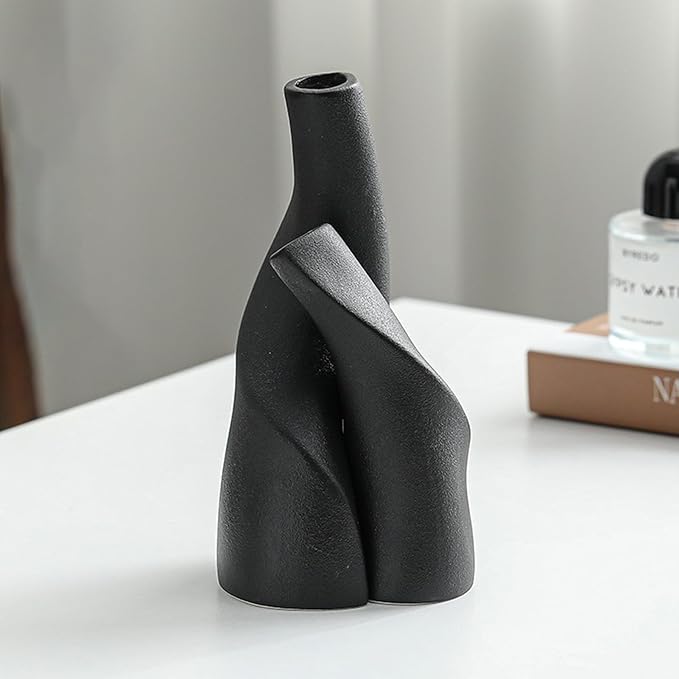Irregular Circular Cross Ceramic Vase Set,Modern Minimalist Abstract Art Flower Vase for Home Decor,Decorative Small Bud Vase for Home Office Shelf Decor(Black)